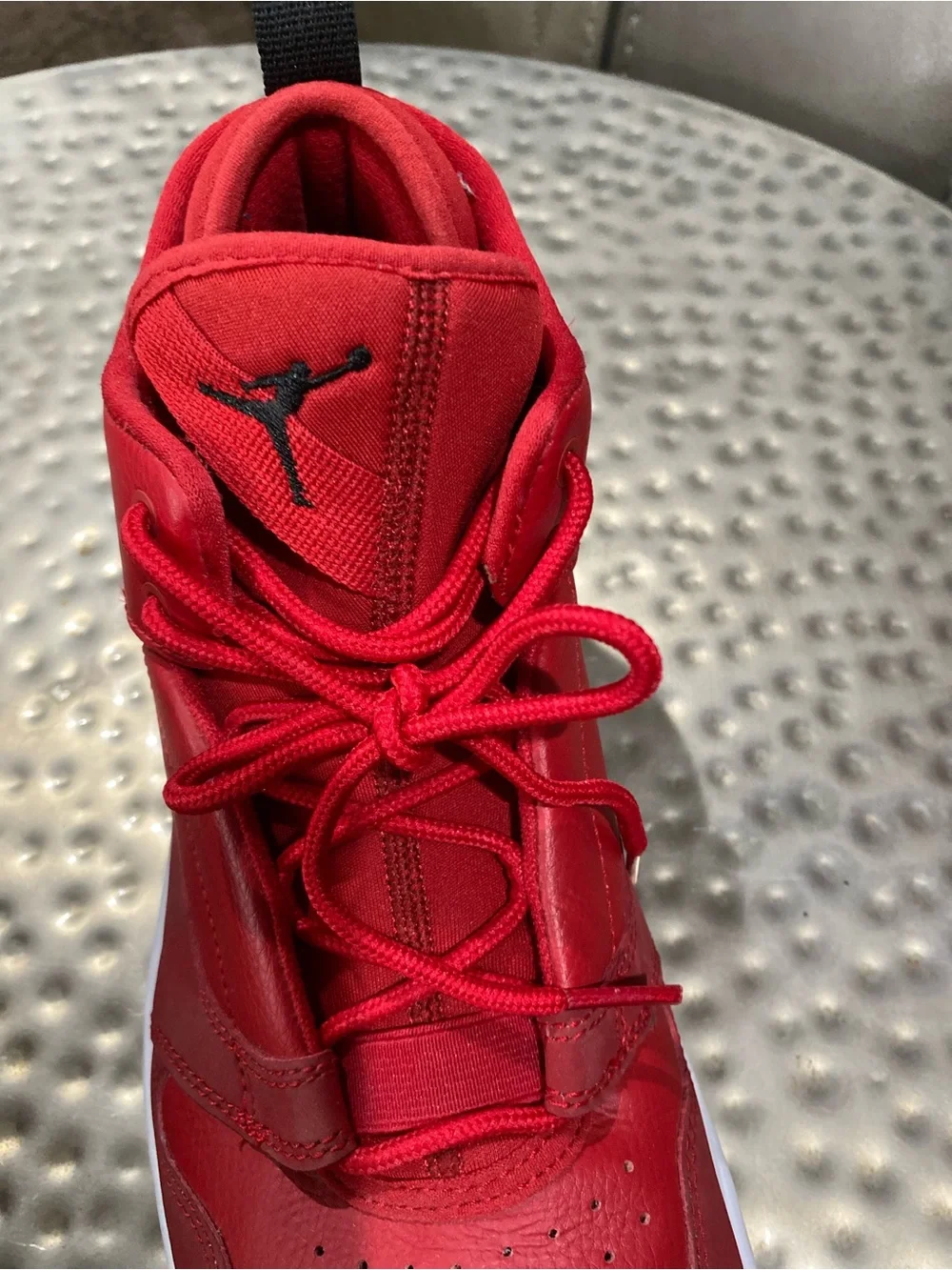 Jordan Red High-Top Sneaker with White Label Detail